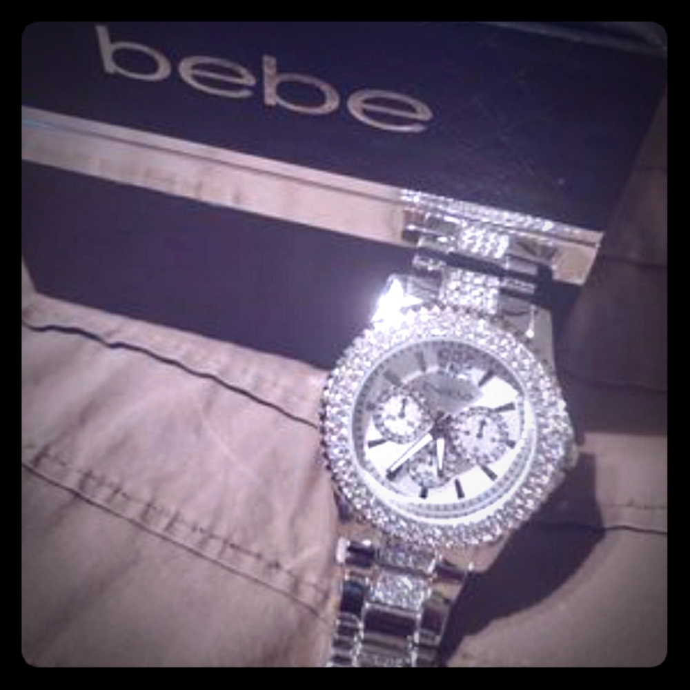 bebe Womans Silver Rhinestong Bling Watch
